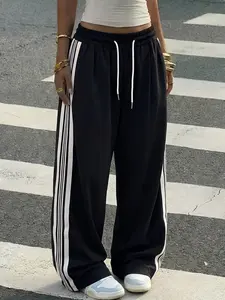Women's Side Stripe Wide Leg Pants, Black Drawstring Parachute Trousers, Y2K Streetwear Baggy Pants for Casual, Sporty Style #tiktokmademebuyit