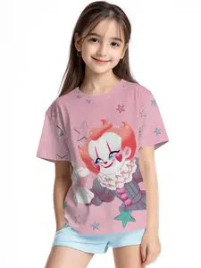 Love-eyed Pennywise Clown Digital Print Summer Fashion Girls' Clothing, 100% Polyester Designed for Energetic Kids, Cute Girls' Short-sleeve T-shirts, Summer Casual Children's Wear, Outdoor Sports T-shirts