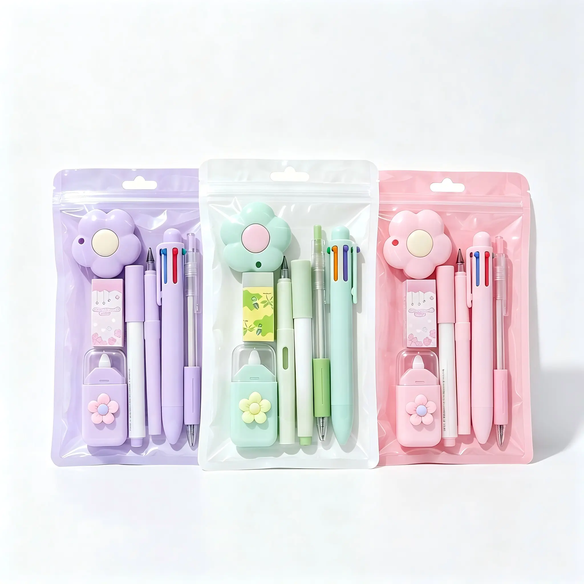 7-Piece Macaron Aesthetic Floral Stationery Set - All-In-1 Ready-to-Use Kawaii Writing Kit in 3 Pastel Colors, Cute School Supplies for Girls Back to School & Bullet Journaling