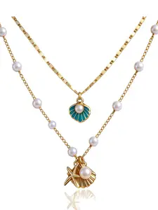 Ocean Beach Jewelry for Women, Layered Starfish Choker Necklace with Turtle Seashell Cowrie Puka Shell Beads