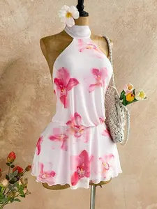 Floral Print Backless Halter Mini Dress - Sexy Vacation Casual for Women