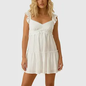 Women Slip Dress, Sleeveless Lace Patchwork Pleated Solid Summer Mini Dress for Casual Daily