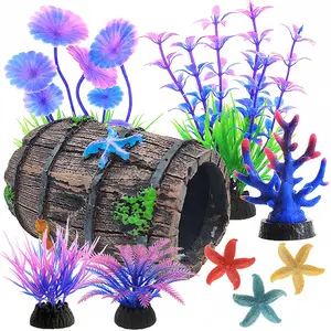 9 PCS Aquarium Artificial Plastic Plants Decorations and Broken Barrel Decor Set Goldfish Betta Fish Tank Accessories Small Large Fish Bowl Ornaments