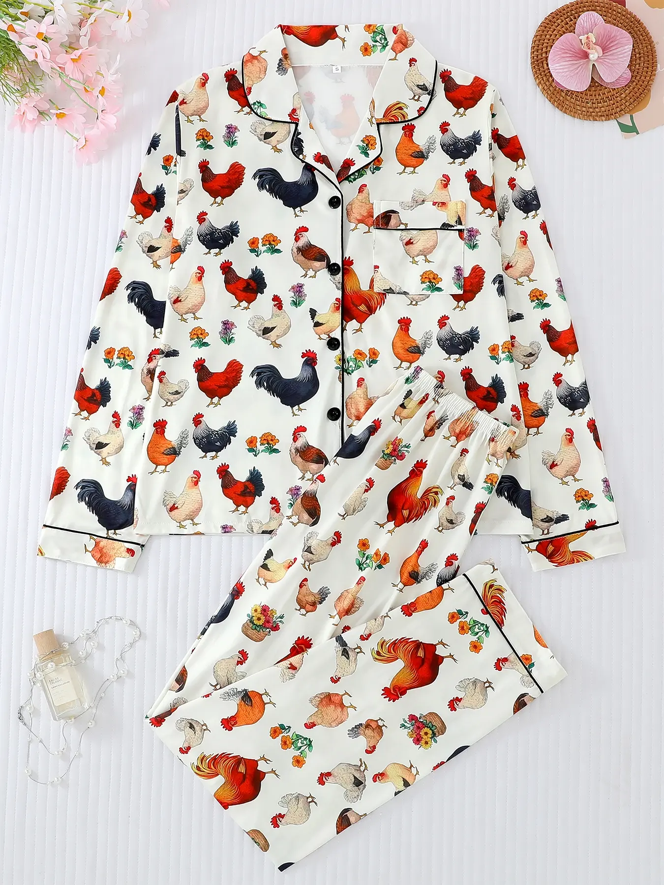 Women's Chicken Print Pajama Set Pjs, Loungewear, Homewear, Casual Long Sleeve Button-Up Top & Comfortable Pants, All-Season Home Wear, 2-Piece Sleepwear