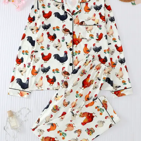 Women's Chicken Print Pajama Set, Loungewear, Homewear, Casual Long Sleeve Button-Up Top & Comfortable Pants, All-Season Home Wear, 2-Piece Sleepwear, Loungewear And Homewear