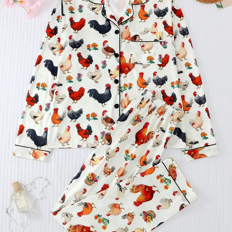 Women's Chicken Print Pajama Set, Loungewear, Homewear, Casual Long Sleeve Button-Up Top & Comfortable Pants, All-Season Home Wear, 2-Piece Sleepwear, Loungewear And Homewear