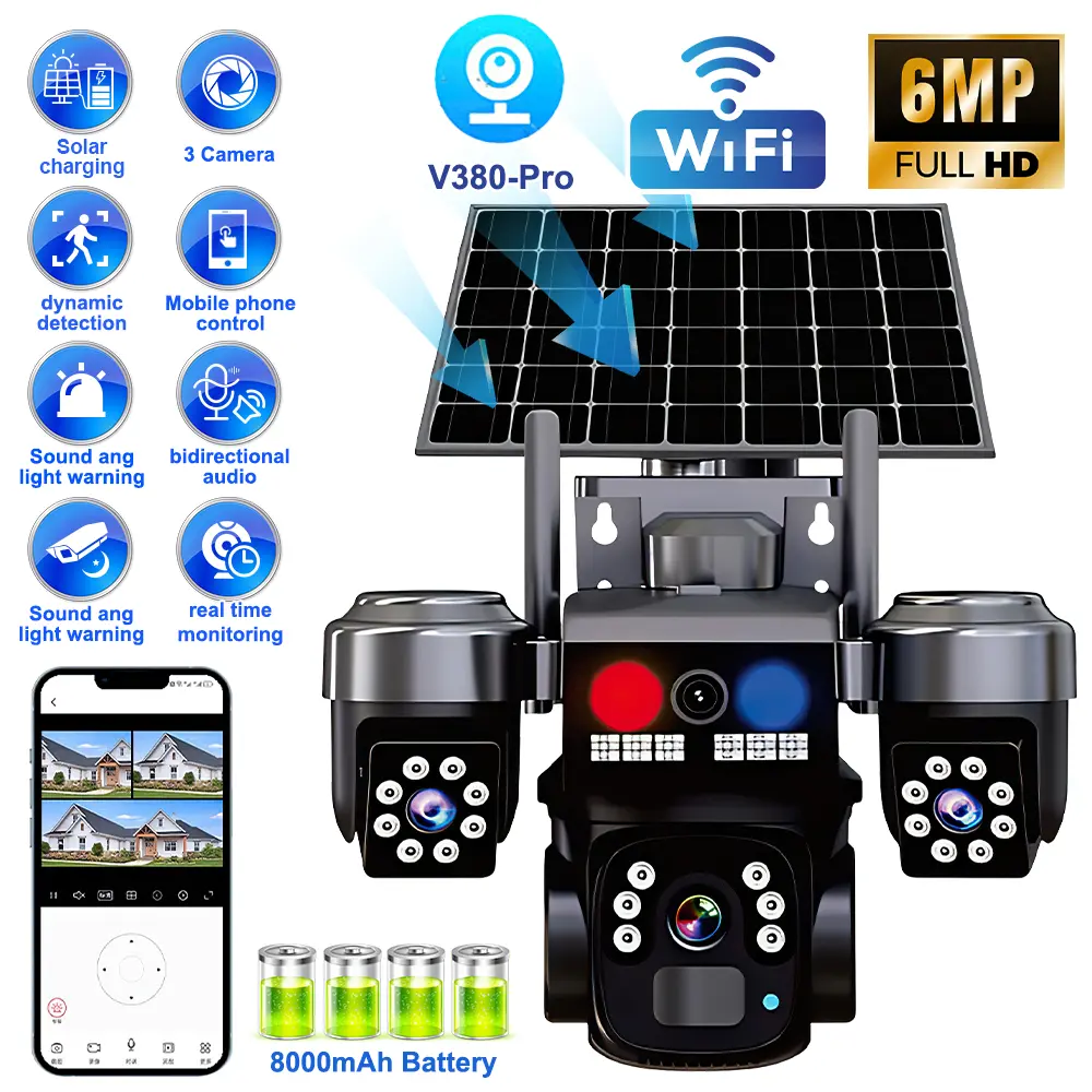 QD5 Outdoor Solar Wireless Security Camera - Triple Lens, 3-Screen Display, 6MP High-Resolution, Night Vision, Human Detection, Auto Tracking, 8000mAh Battery, 24/7 No-Wiring Monitoring, Motion Alert, Bidirectional Audio for Farm, Home