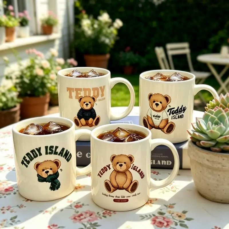 Cute White Base Teddy Bear Ceramic Mug Set – 4 Pieces, Instagram-Style Cartoon Design, Family Set Cup Drinkware