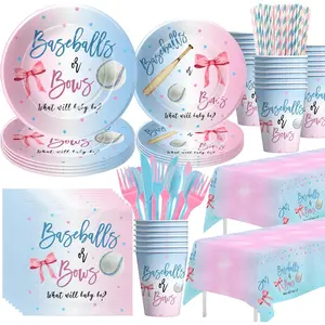 Baseball or Bows Gender Reveal Decorations Tableware, Boy Or Girl Baseball Gender Reveal Party Supplies, Plates, Cups, Napkins, Disposable Cutlery, Tablecloth, Paper Straws, Serves 24