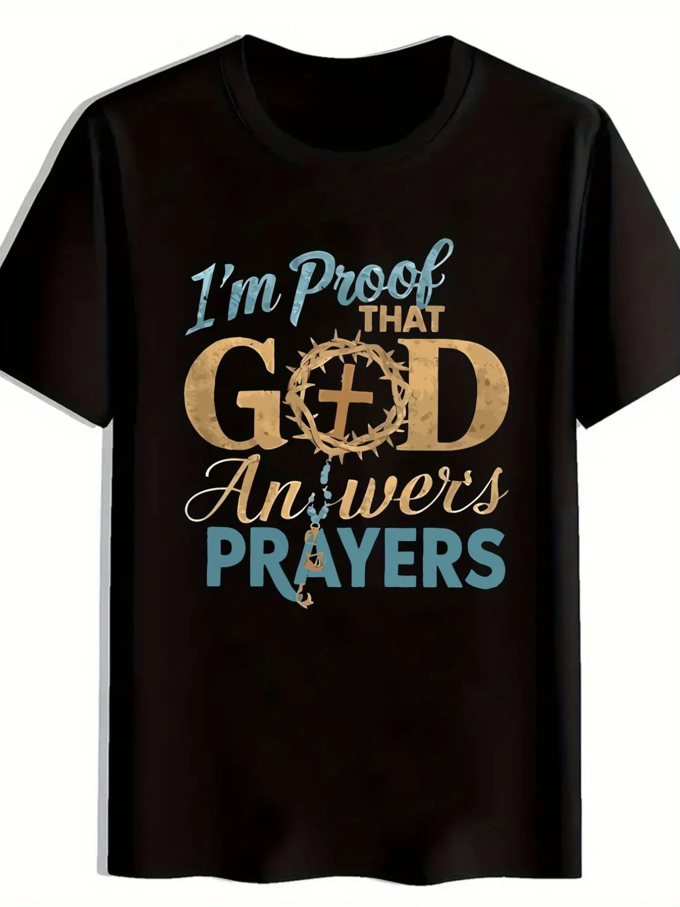 Men'S I'm Proof That God Answers Prayers Christian T-Shirt |   Golden & Blue Religious Print with Cross & Praying Hands Design Comfortable Round Neck Short Sleeve Medium Stretch Fabric Perfect for Church Study & Everyday Faith Apparel