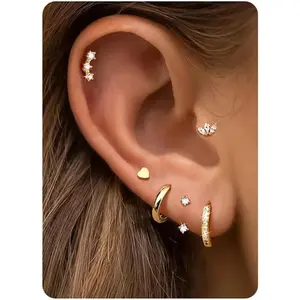 Milacolato Women's 6-Pair Earring Stacking Set, 14 Karat Gold-Plated 316L Surgical Steel Hypoallergenic Huggie Stud Hoop Earrings (Gold & Silver Options)