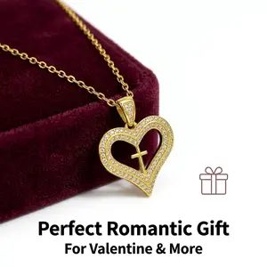 Gold Plated Cross & Heart Zircon Pendant Necklace, Clavicle Chain Jewelry Gift for Girlfriend Wife Lover, Religious Holiday Gift