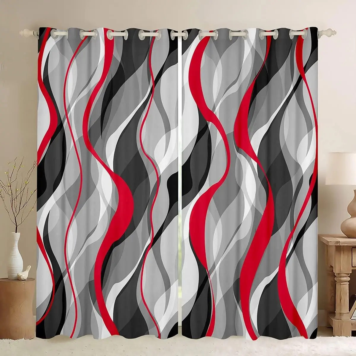 Feelyou 38x45 Velvet Fabric Blackout Grommet Curtain for Windows - Durable 2-Panel Geometric Darkening Drapes with Abstract Art, Bedroom Home Textile Decor Accessory