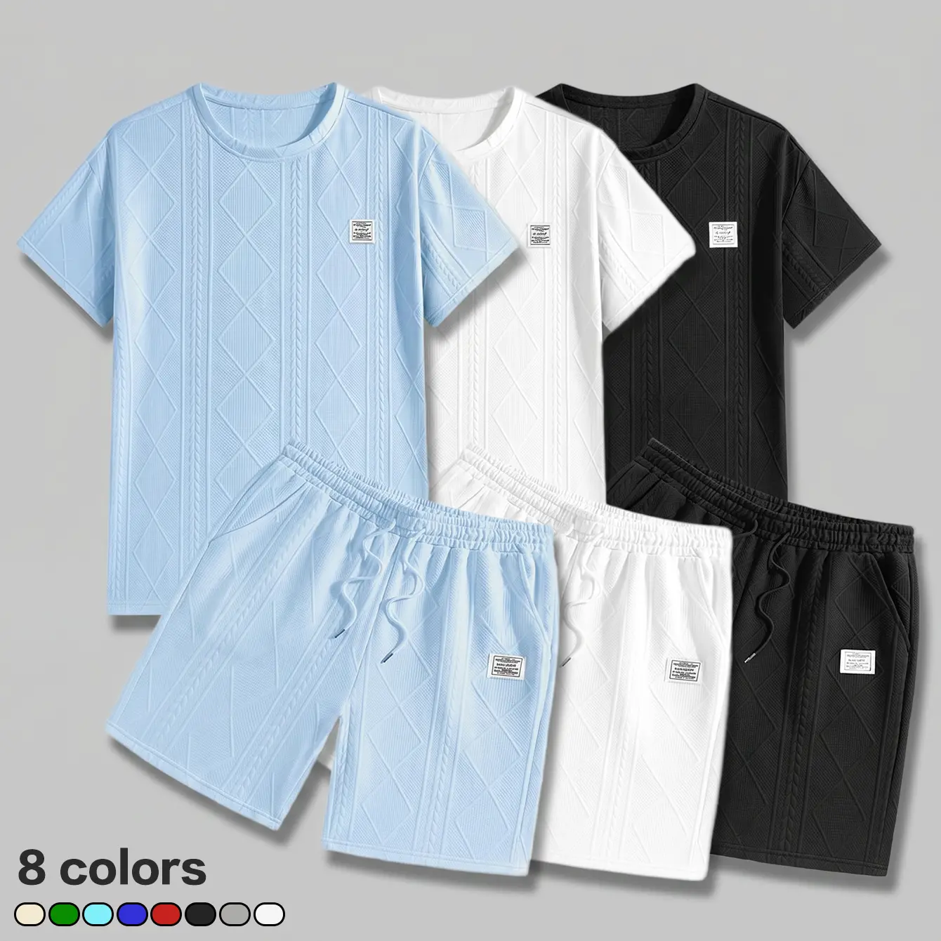 Men’s summer casual athletic set, short-sleeve T-shirt and shorts two-piece with stretch fabric, jacquard knit material, labeled design, suitable for home wear, outdoor running, fitness, parties, dates, and beach vacations.