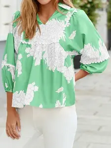Imily Bela Womens Floral Peplum Babydoll Tops 3/4 Puff Sleeve Pleated Blouse Cute Casual V Neck Loose Fit Flowy Boho Shirts