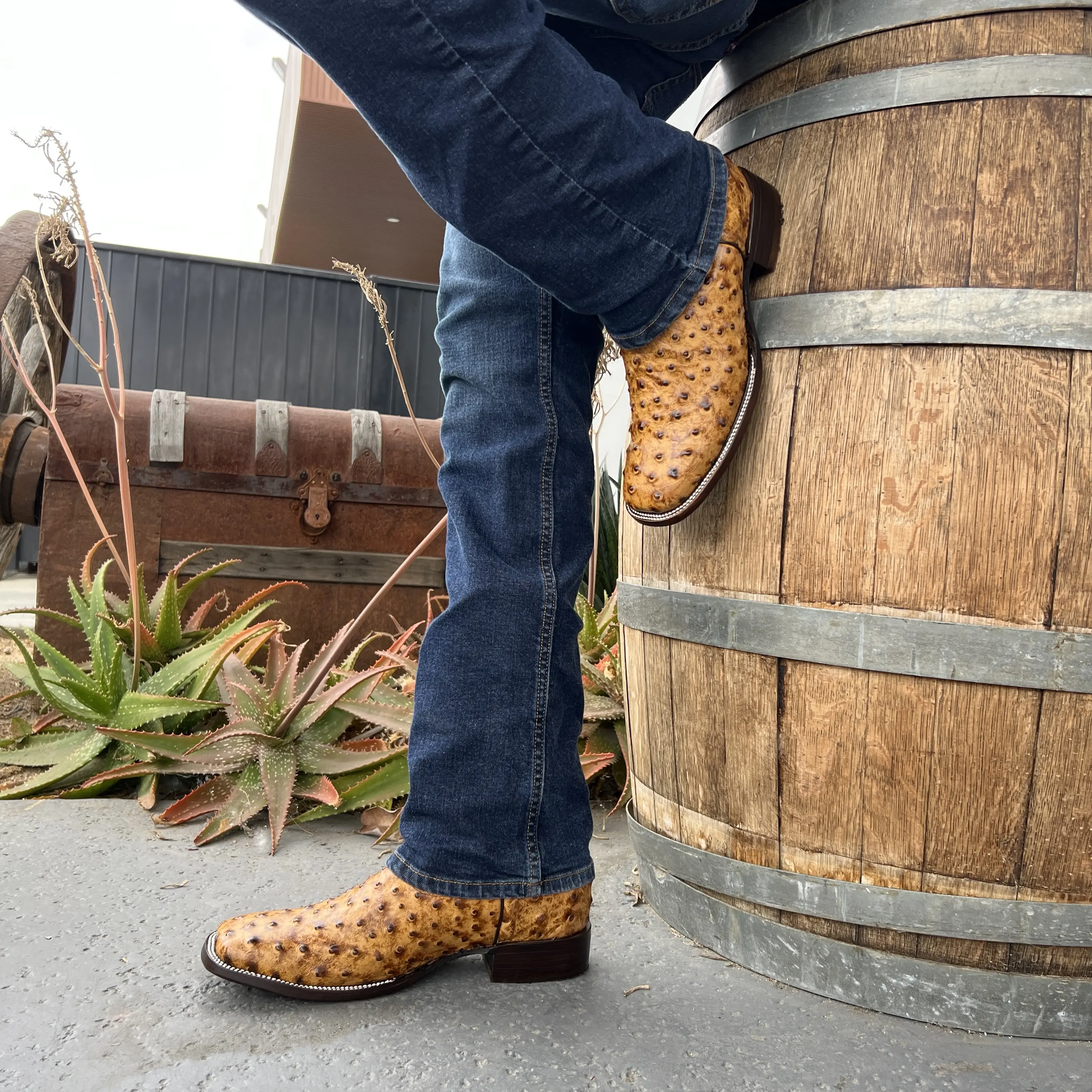 El General Ostrich Print Western Cowboy Boots Size 8 Tan Leather Embroidered Men main image 3