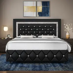 Luxury Upholstered Bed Frame with Diamond Tufted Headboard Footboard, Sturdy Platform Bed Frame No Box Spring Needed, Multiple Size Twin Full Queen King, Multi Color Pearl White Beige Black Grey Pink Purple Green Bedroom Furniture