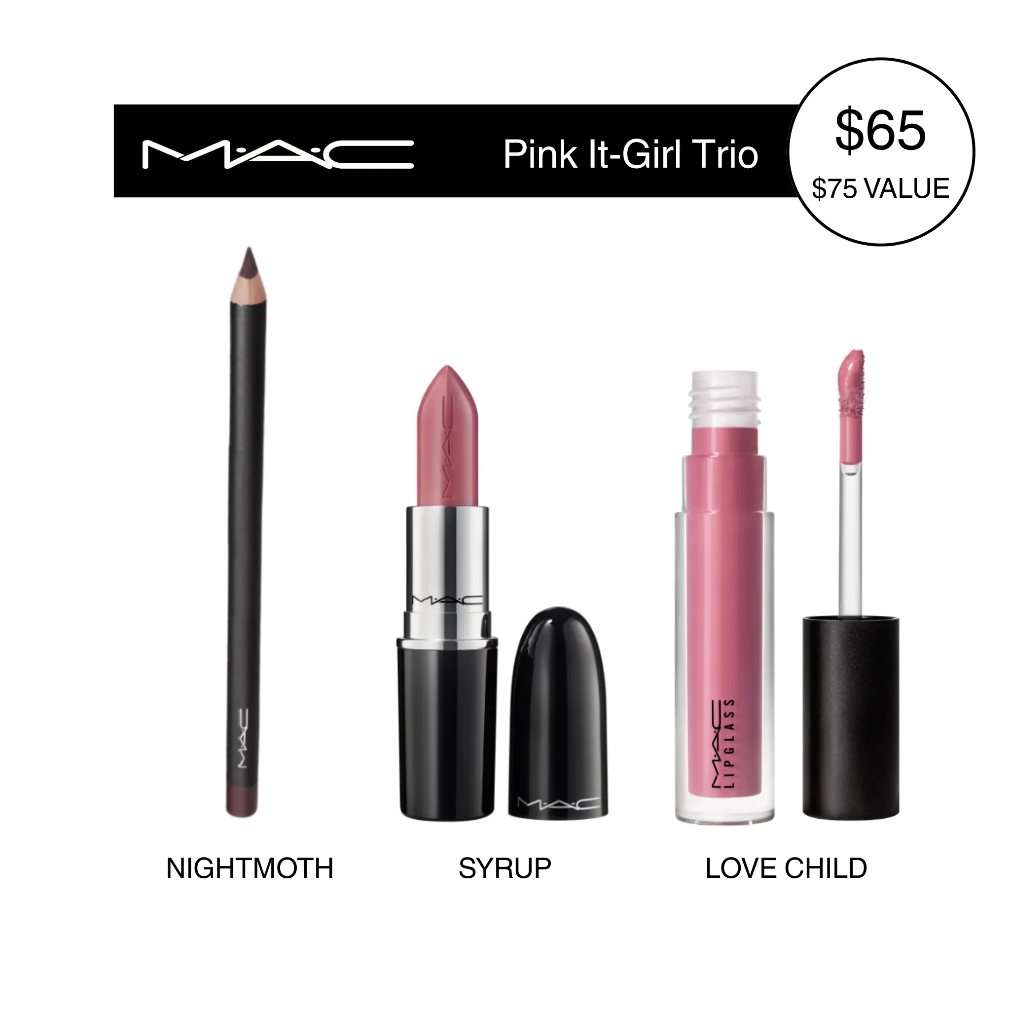 MAC Pink It-Girl Trio | Lipstick, Lip Pencil & Lipglass Set | Cool-Tone Pink Shades, Glossy High-Shine Finish, 3 pc