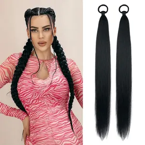 Hair Bundles for Women, Elastic Rubber Band Box Braids Ponytail in Black, Pink, Purple, Red, Extension Synthetic Hair Long Braided Ponytail Easy Install Elastic Band Ponytail Hairpiece for Daily Wear Cosplay Party