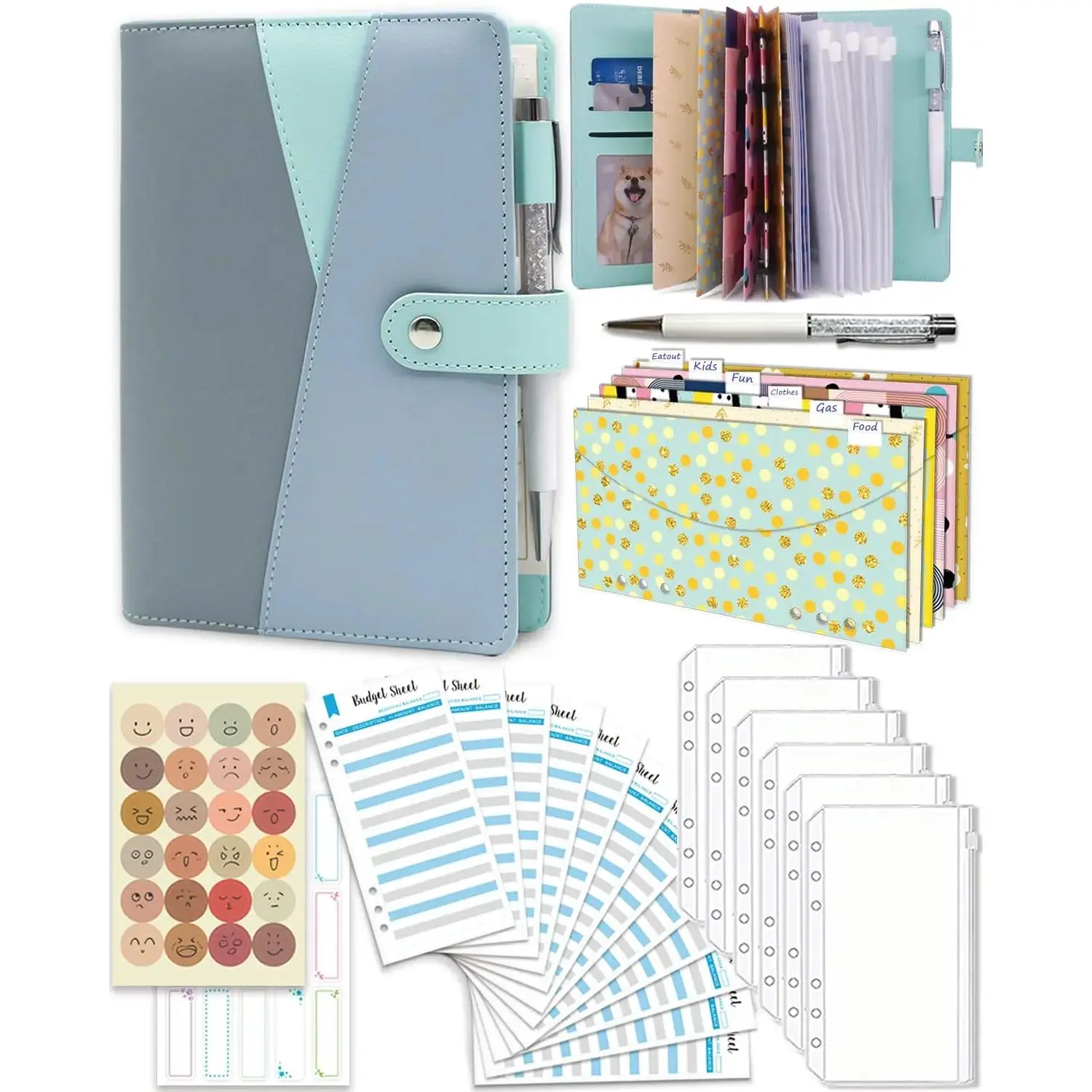 Women's Organized Binder Set - White & Khaki Binder with Cash Envelopes, Notebook, Zipper Pockets, Stickers, and Pen
