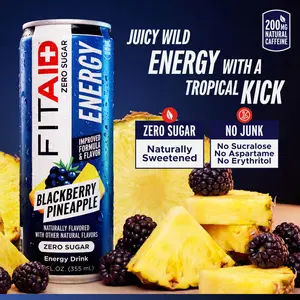FITAID Energy, Zero Sugar Energy Drink, Blackberry Pineapple, 14 Vitamins & Supplements, Naturally Sweetened, 200mg Natural Caffeine from Green Tea, Electrolytes, Sport Beverage, No Sucralose