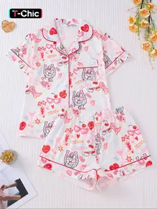 【Valentine's Day】Women's Valentine's Day Sleepwear & Loungewear Set, Casual Fitted Design, Comfortable Short Sleeve Top & Elastic Shorts, Perfect Gift for Her