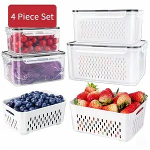4 Pack Fridge Organizers and Storage - Stackable Fruit Storage Containers for Fridge with Removable Colander, BPA-Free Food Storage Container for Salad Berry Lettuce Vegetables Meat Keeper Fresh