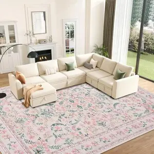 8x10ft Washable Boho Area Rug for Living Room, Soft Floral Low Pile Non-Slip Carpet (Pink)
