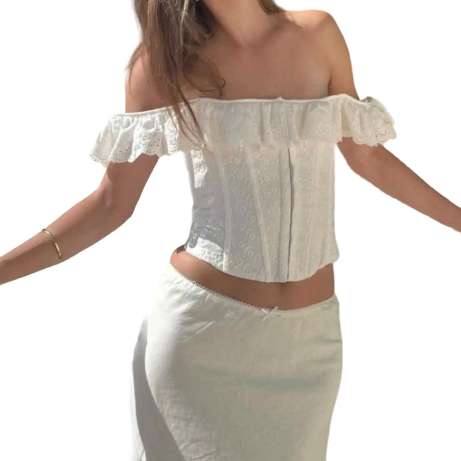 Women's Elegant Off-Shoulder Polyester Corset Crop Blouse - Lady's Fashion Ruffled Eyelet Shirts, Tie-Up Back Tied Tops, Figure-Enhancing for Weddings, Parties, Crop Cut