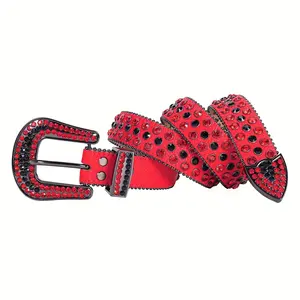 Handmade Red Rhinestone Western Belt | Sparkling Cowboy/Cowgirl Design for Parties & Jeans - Unisex Festival Accessory goth  belt