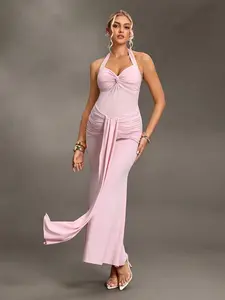 ELARA Halter Neck Fitted Maternity Trailing Dress, Comfortable Stretchy Photography Gown Pink Formal Dresses For Women