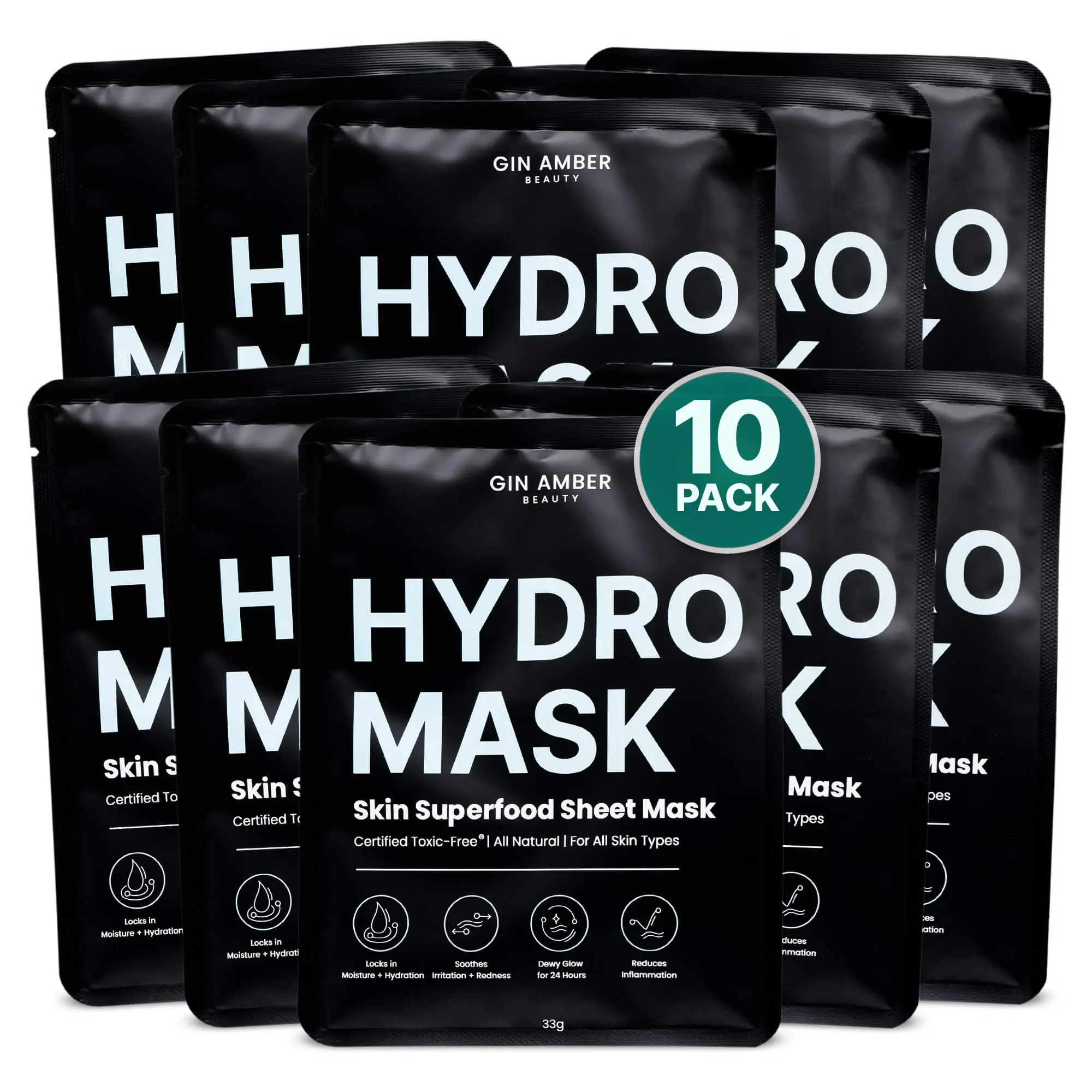 Gin Amber Beauty Hydro Mask 10 Pack Soothing Superfood Sheet Mask for Dull Dry Skin Nourishing Revitalizing Ingredients for Smooth Soothing Glow
