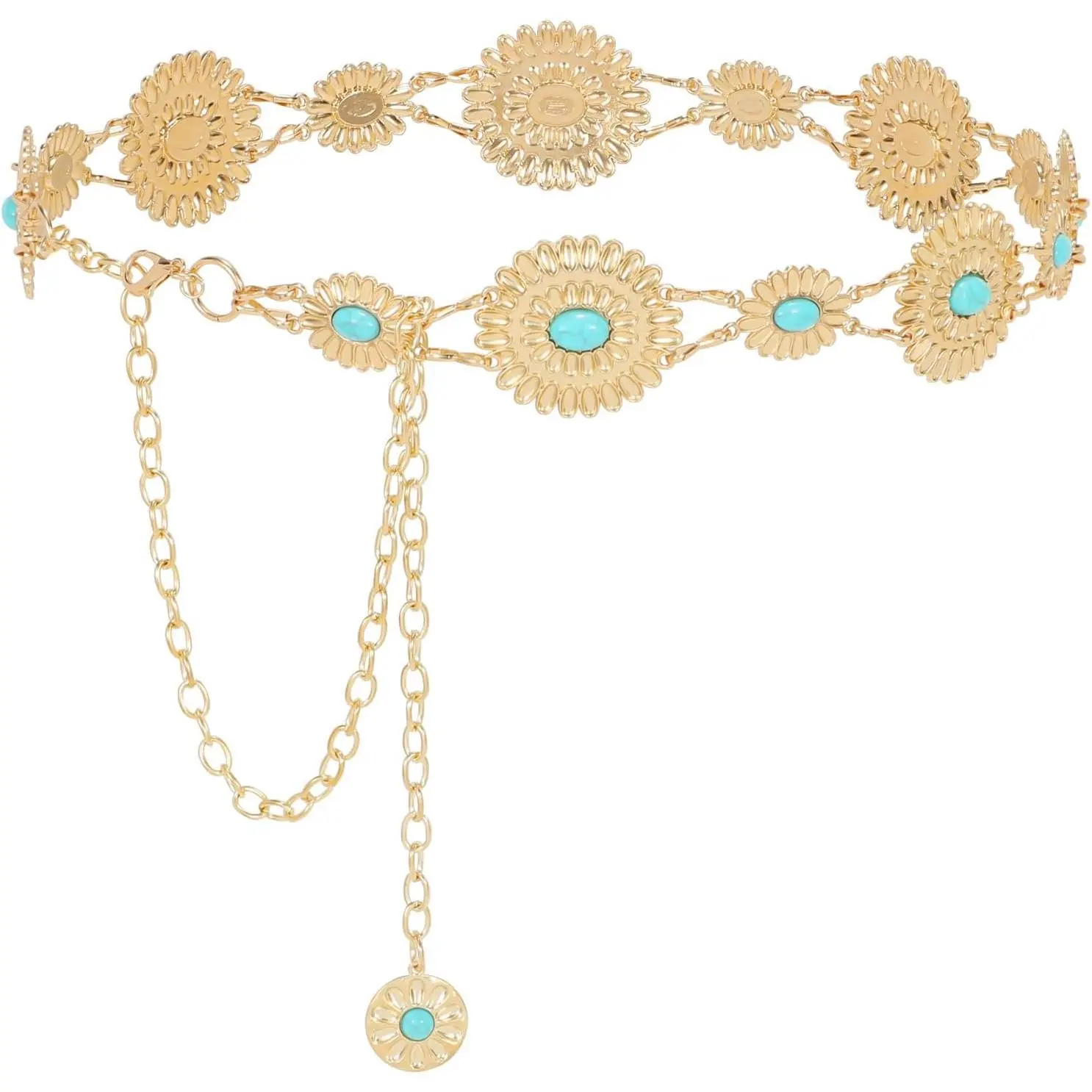 Women's Western Cowgirl Belt - A-Silver Chain-Green Turquoise Alloy Concho Metal Link, Carved Conchos, Western Buckle, Lobster Claw, Adjustable (Up to 35" Fit), Easy to Put On and Take Off, Ideal for Music Festivals, Fantastic Present for Girlfriend