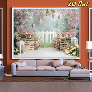 2D Flat 1PC Polyester Spring Garden Theme Banner, Pink Cherry Blossom, White Fence & Hanging Lantern Design, Perfect for Indoor/Outdoor Wedding Decor, Birthday Party, Baby Shower, Photography Backdrop, Garden Themed Event & Store Window Display