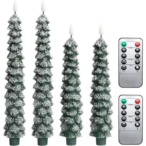 4-Count Rubber Flameless Taper Candles, Remote-Operated Real Wax LED Candlesticks, Flickering Window Lights for Christmas Tree (9.45in & 11.4in Green)