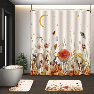 LVRLVR 4Pcs Watercolor Mushroom Moon Wildflower Print Whimsical Cottage Multi-Color Shower Curtain Set 70.8×70.8 Inch