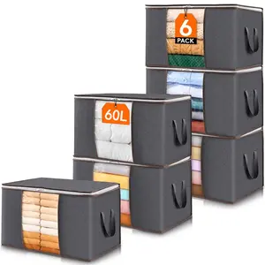 60L Large Clothes Storage Bags, 6 Pack Foldable Closet Organizers with Clear Window and Reinforced Handles, Sturdy Fabric Storage Bins for Blankets, Sweaters, Bedding, Moving, Foldable Wardrobe Organizer