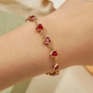 Elegant Red Crystal Zircon Bracelet with Heart Charm, Women’s Fashion Jewelry for Parties, Weddings, Date Nights, and Everyday Wear, Stylish Colorful Gift for Her, Trendy Wrist Accessory
