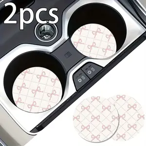 Set of 2 Pink Bow-Shaped Coasters for Car Cups, Designed to Fit Cup Holders, Absorbent, Non-Slip Interior Accessories, Perfect for Women.