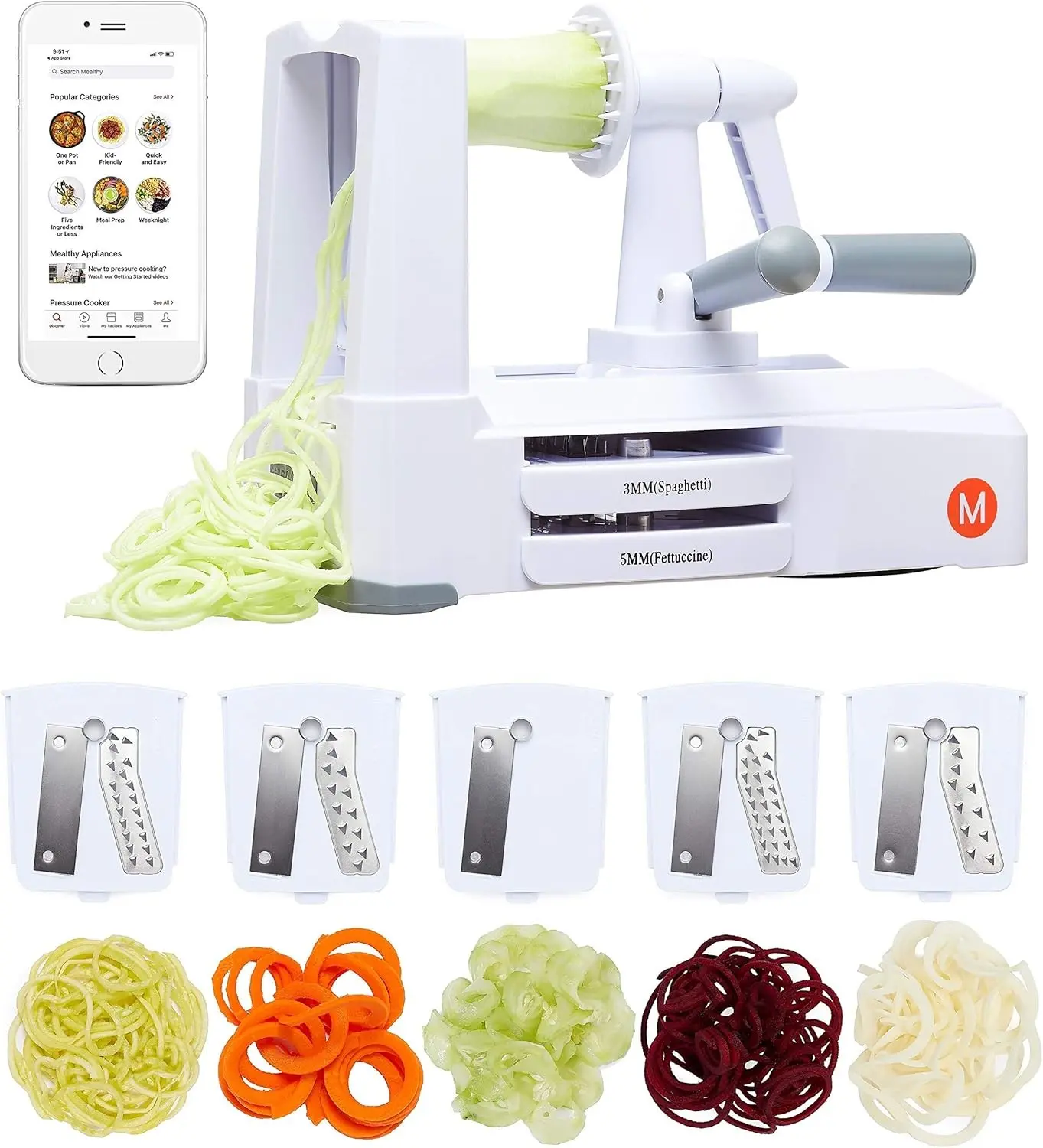 5-Blade Spiralizer | Vegetable Slicer with Durable Stainless Steel Blades | Kitchen Cooking Tool | Spiral Zoodle Maker with Catch & Store Container | Includes iOS & Android Recipe & Video App