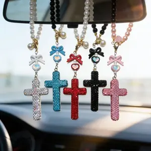 Shiny Diamond Cross Car Rearview Mirror Ornament, Goddess Style with Bowknot, Interior Hanging Decoration for Cars, Car Interior Accessory