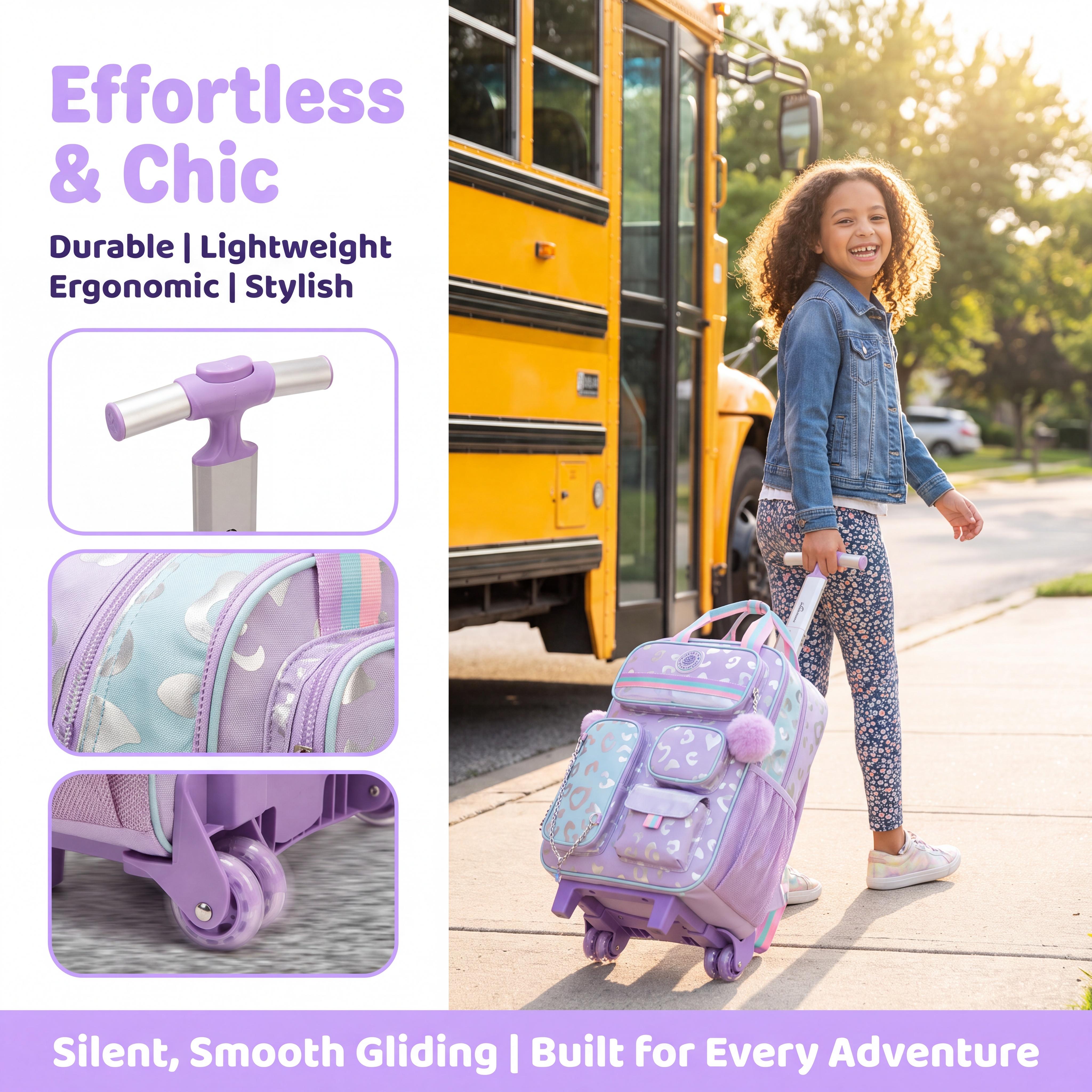Lavender Purple 3-Piece Rolling Backpack Set for School Use - Polyester Preppy Holiday Trolley Bookbag with Metallic Leopard Heart Print, Multi-Pocket Utility Pouches, Purple Pom Pom, Insulated Lunch Bag & Pencil Case