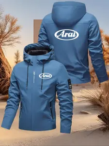 Men's and Women's Fashion Jacket with Arai Letter Print, Casual Hooded Design, Zipper Pockets, Polyester Material, Spring & Fall
