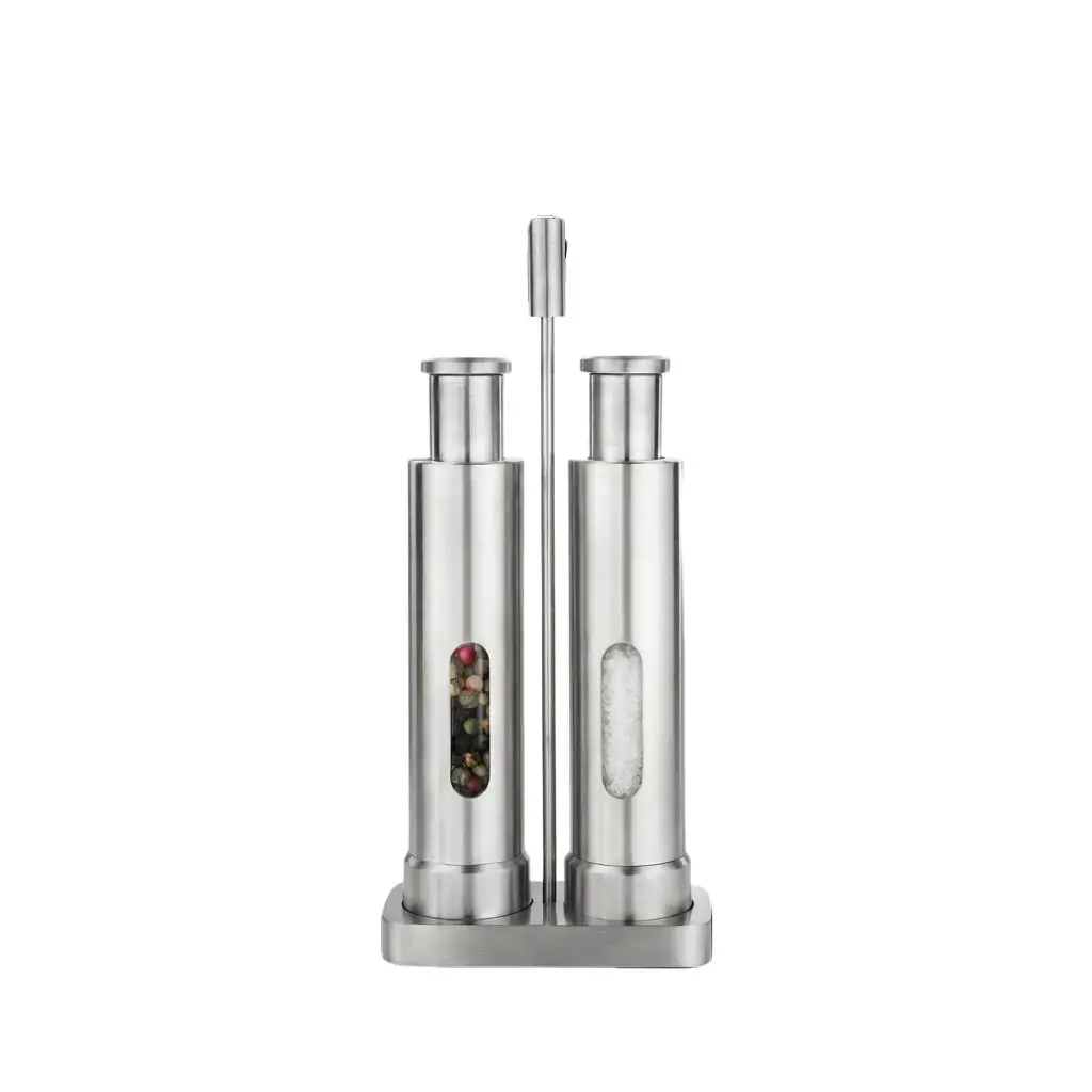 VYNZORTEXIA Stainless Steel Salt and Pepper Mill Set, 2 Pieces + Stand, Manual Grinding with Push Button, One-Handed Operation, Clear Window, Reusable Pepper Grinder and Salt Shaker