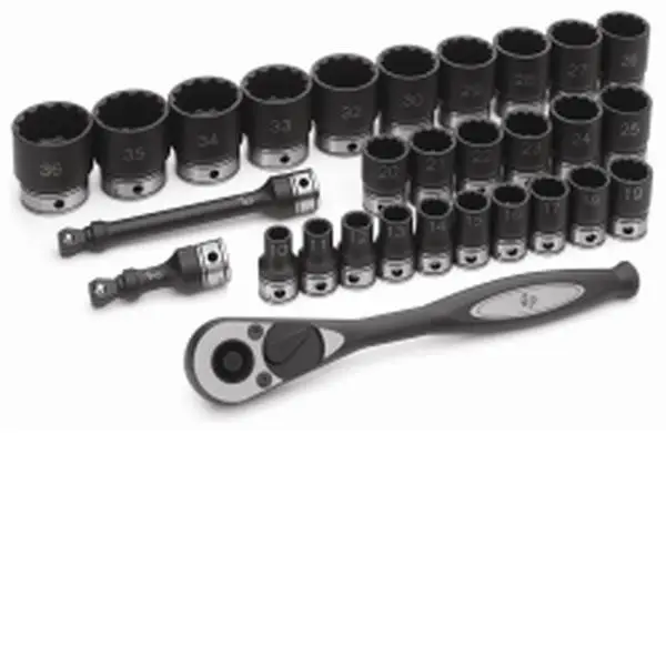 Grey Pneumatic GRE82229M 29-Piece Metric Duo-Socket Wrench Set, 0.5 in Dr. 12 Pt. Quick-Release Ratchet + Ext. (3" & 6" Wobble), Chrome Hand Tools for Cordless Impact Tools, 10mm-36mm Sizes