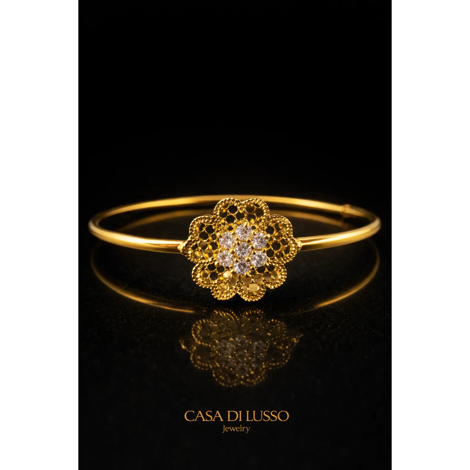 Italian 18K Gold Floral Zirconia Bangle – 8”