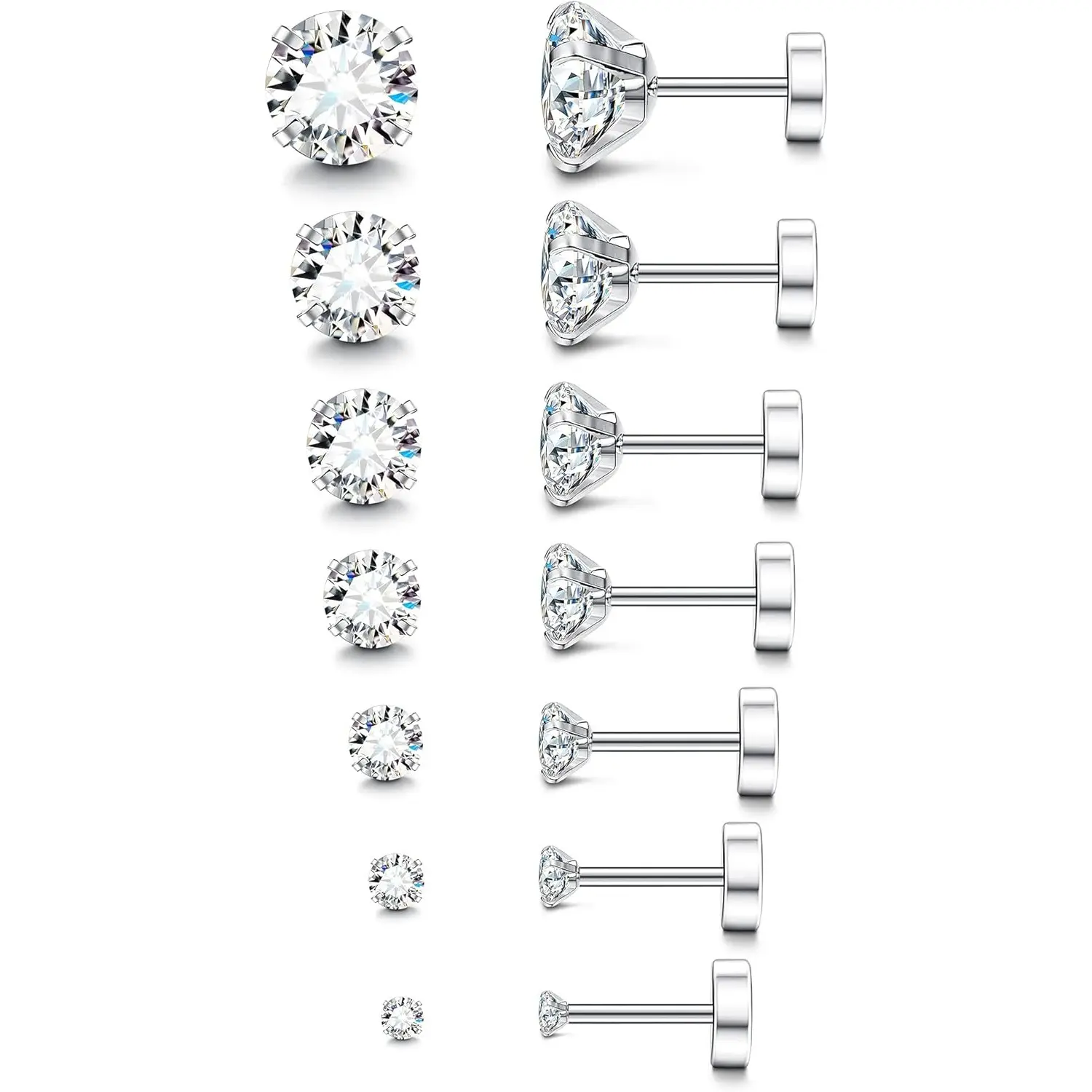 Fansilver 20G Hypoallergenic Flat Back Earrings for Women Men  Stud  Cubic Zirconia Studs Surgical Steel Cartilage Earrings for Sensitive Ears