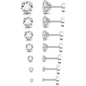 Fansilver 20G Hypoallergenic Flat Back Earrings for Women Men  Stud  Cubic Zirconia Studs Surgical Steel Cartilage Earrings for Sensitive Ears