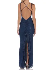 Lucy In The Sky Foil Back Ruffle Maxi Dress in Navy