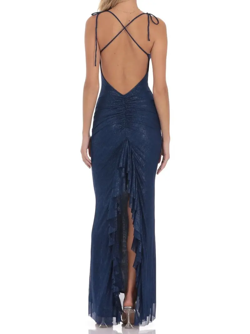 slim fit dress slacks Electra Lace Up Back Front Slit Satin Gown main image 1